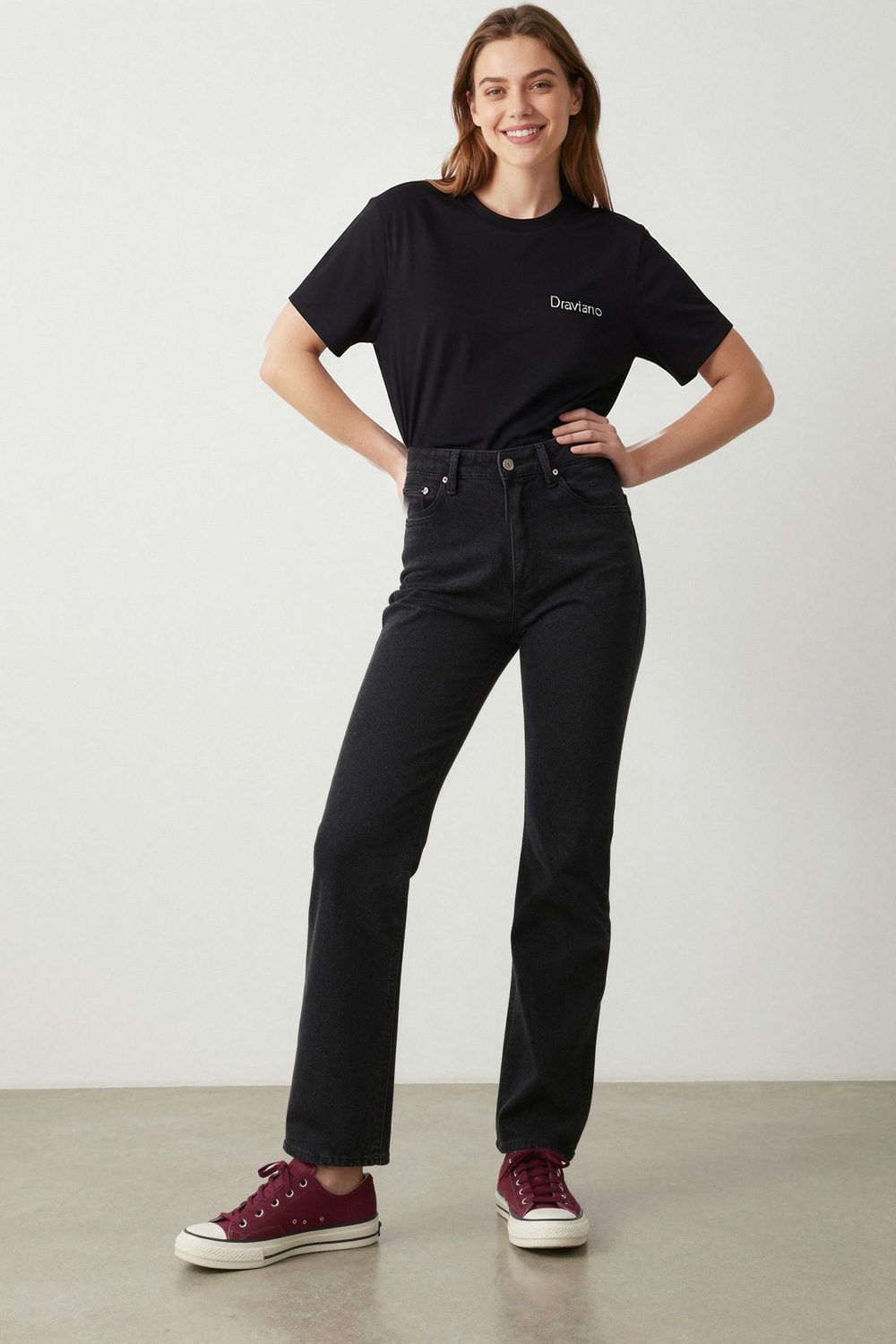 black t-shirt on female model in urban evening setting professional fashion photography