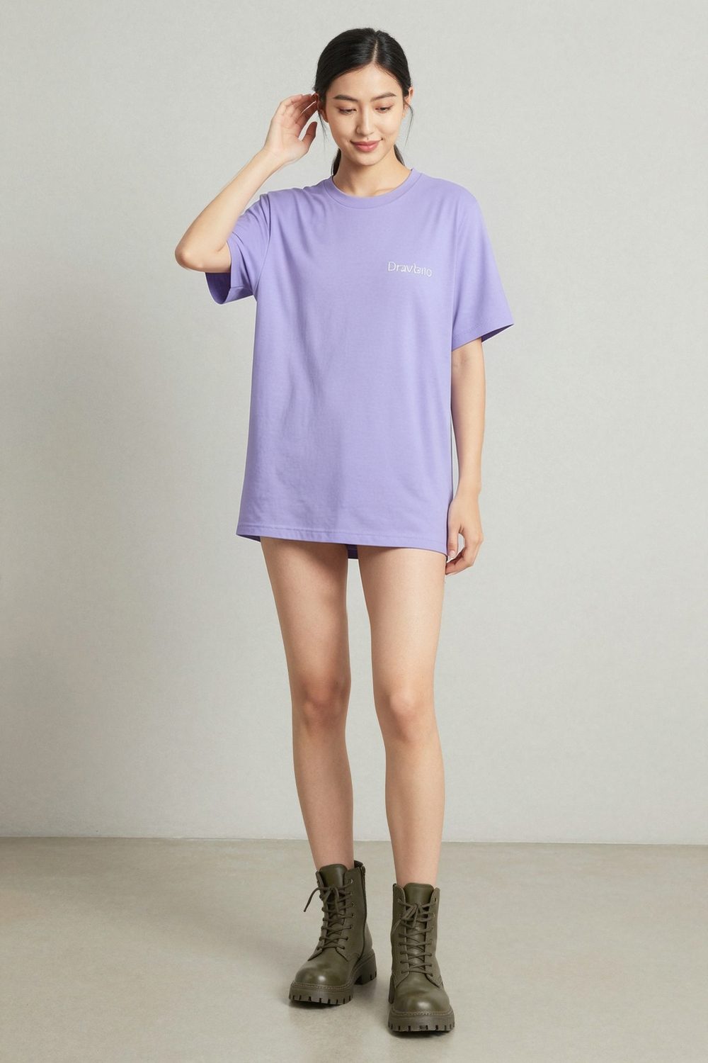lavender t-shirt on female model in beach sunset setting professional fashion photography
