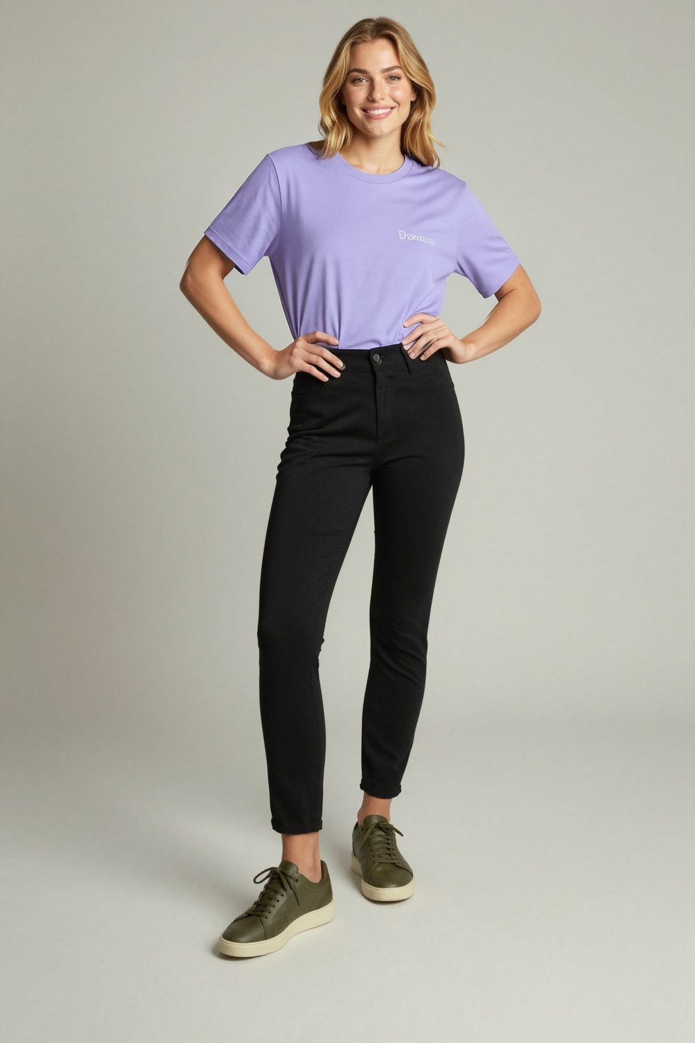 lavender t-shirt on female model in nature forest setting professional fashion photography