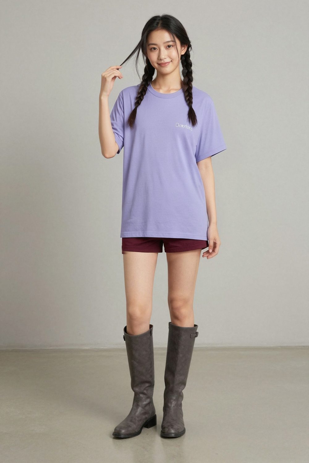 lavender t-shirt on female model in desert adventure setting professional fashion photography