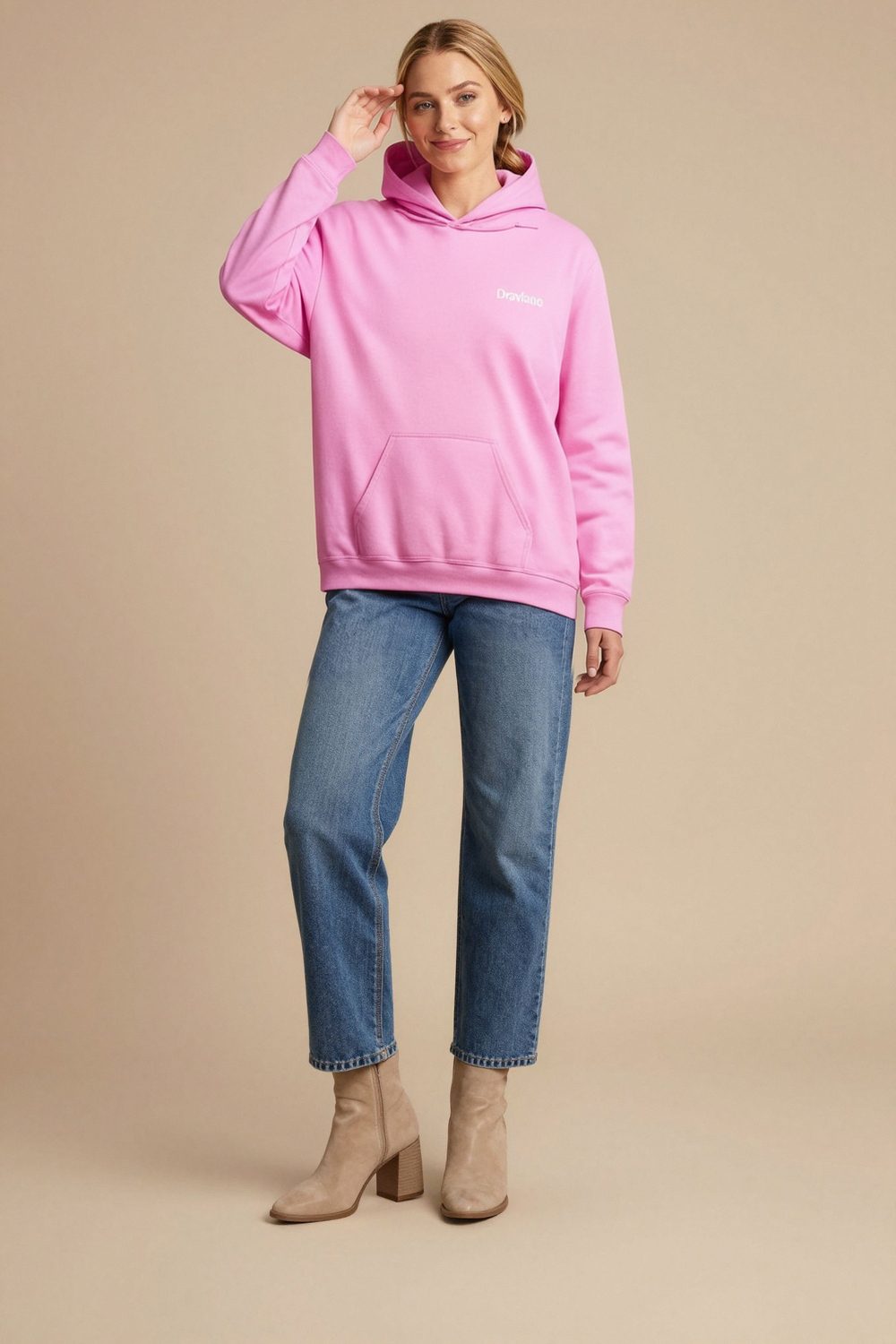 not specified hoodie on female model in studio white setting professional fashion photography
