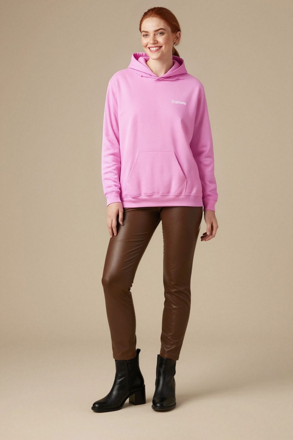 vibrant color (unspecified, choose a vibrant color like teal) hoodie on female model in beach sunset setting professional fashion photography