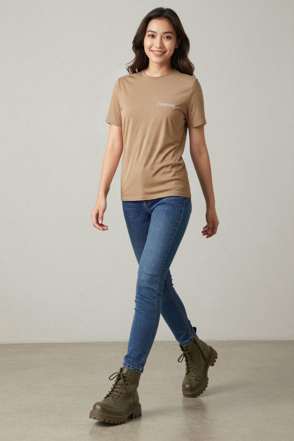 heather stone t-shirt on female model in urban evening setting professional fashion photography
