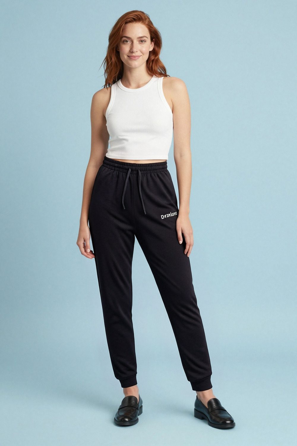 black joggers on female model in coastal scenic setting professional fashion photography
