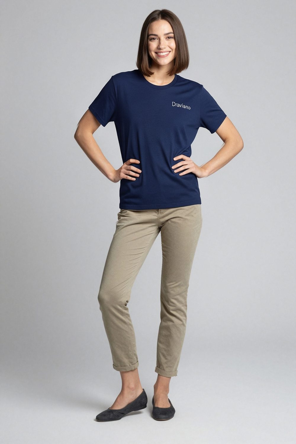 navy t-shirt on female model in nature forest setting professional fashion photography