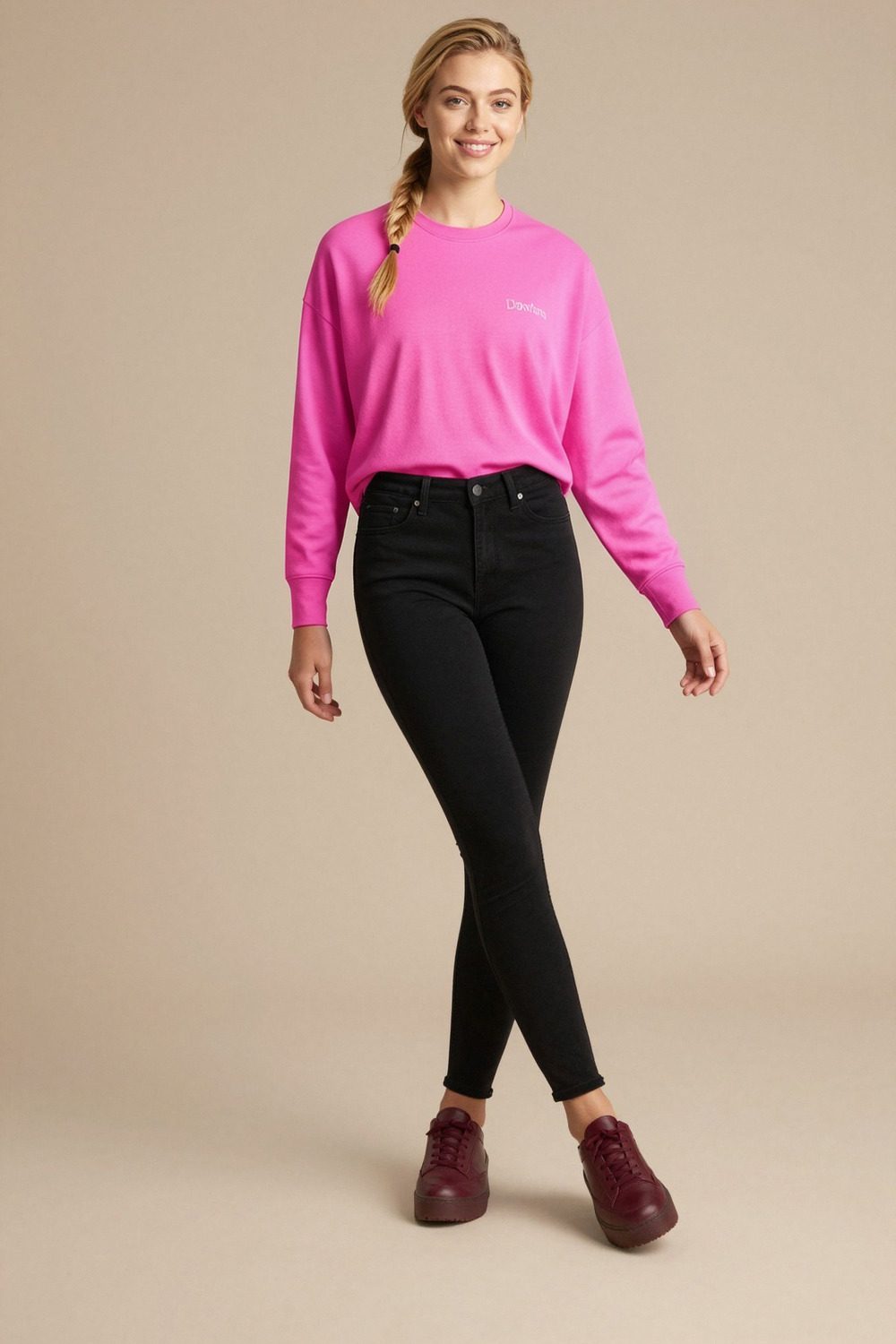 pink sweatshirt on female model in beach sunset setting professional fashion photography