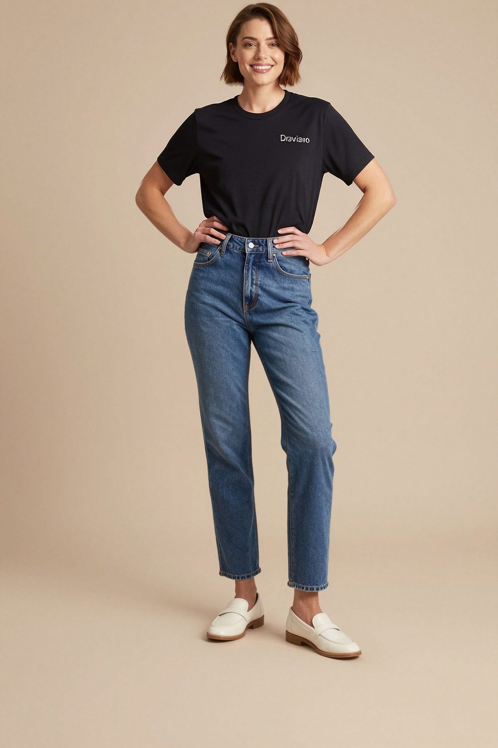black t-shirt on female model in studio neutral setting professional fashion photography