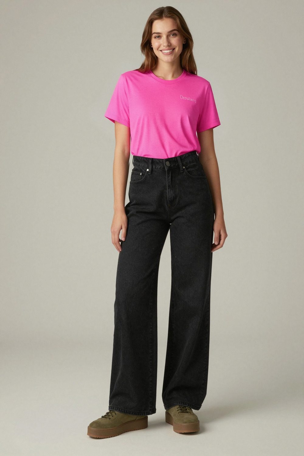azalea t-shirt on female model in studio neutral setting professional fashion photography