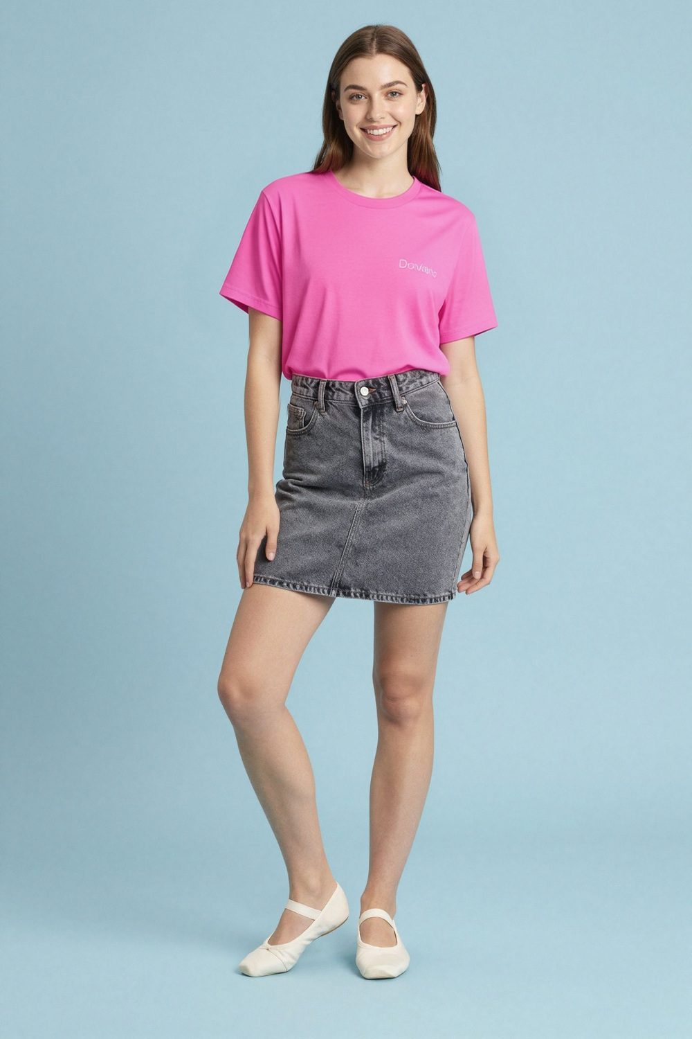 pink t-shirt on female model in rooftop evening setting professional fashion photography
