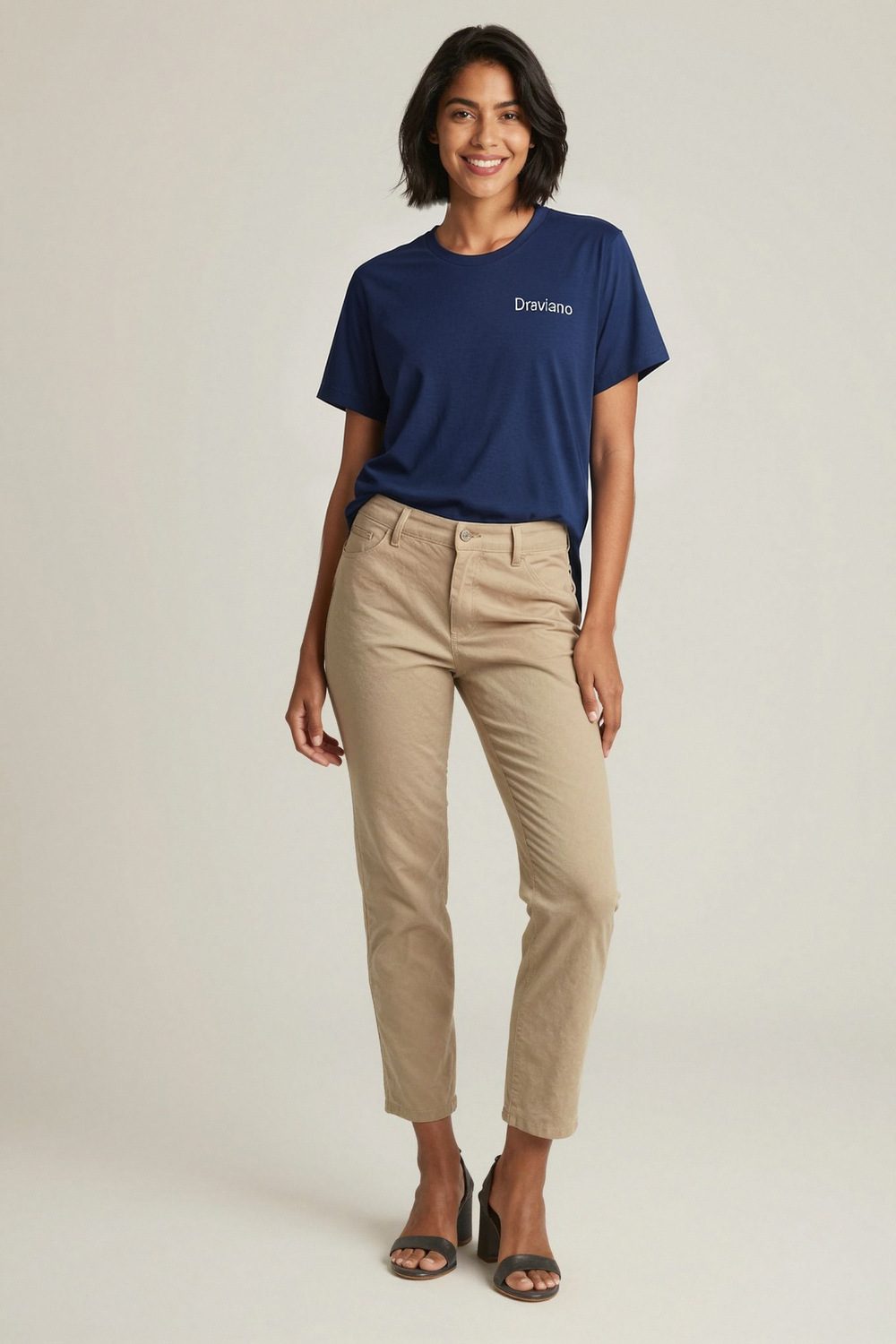 navy t-shirt on female model in urban evening setting professional fashion photography